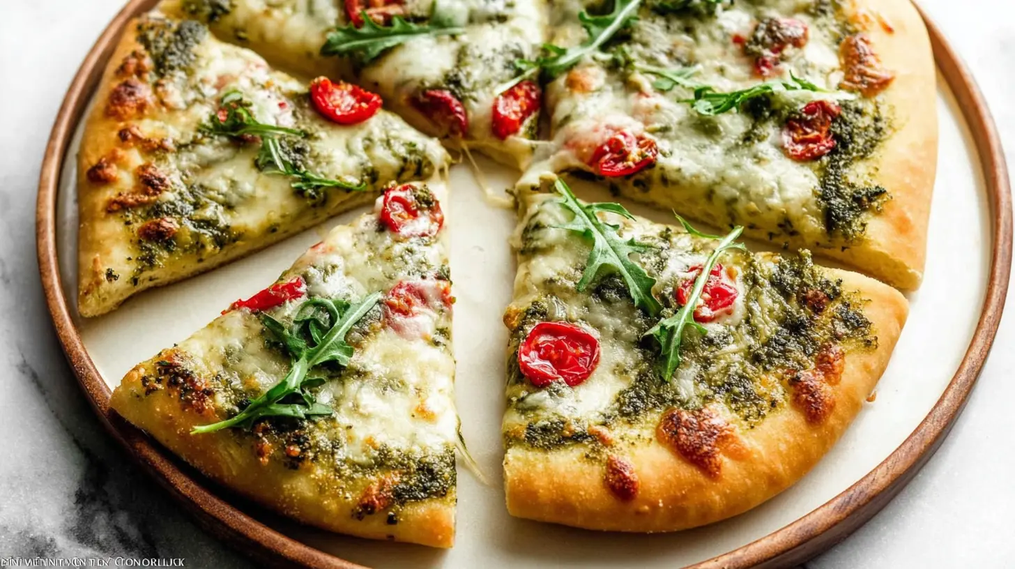Pesto Pizza: Our Top 10 Recipes 1 Close-up of a homemade pesto pizza topped with fresh basil.