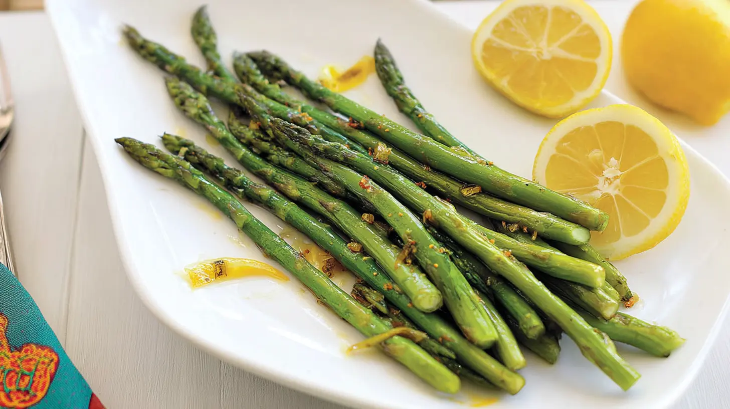 Lemony Asparagus: Best 10 Pairings 2 A pile of vibrant green lemony asparagus stalks on a white plate.