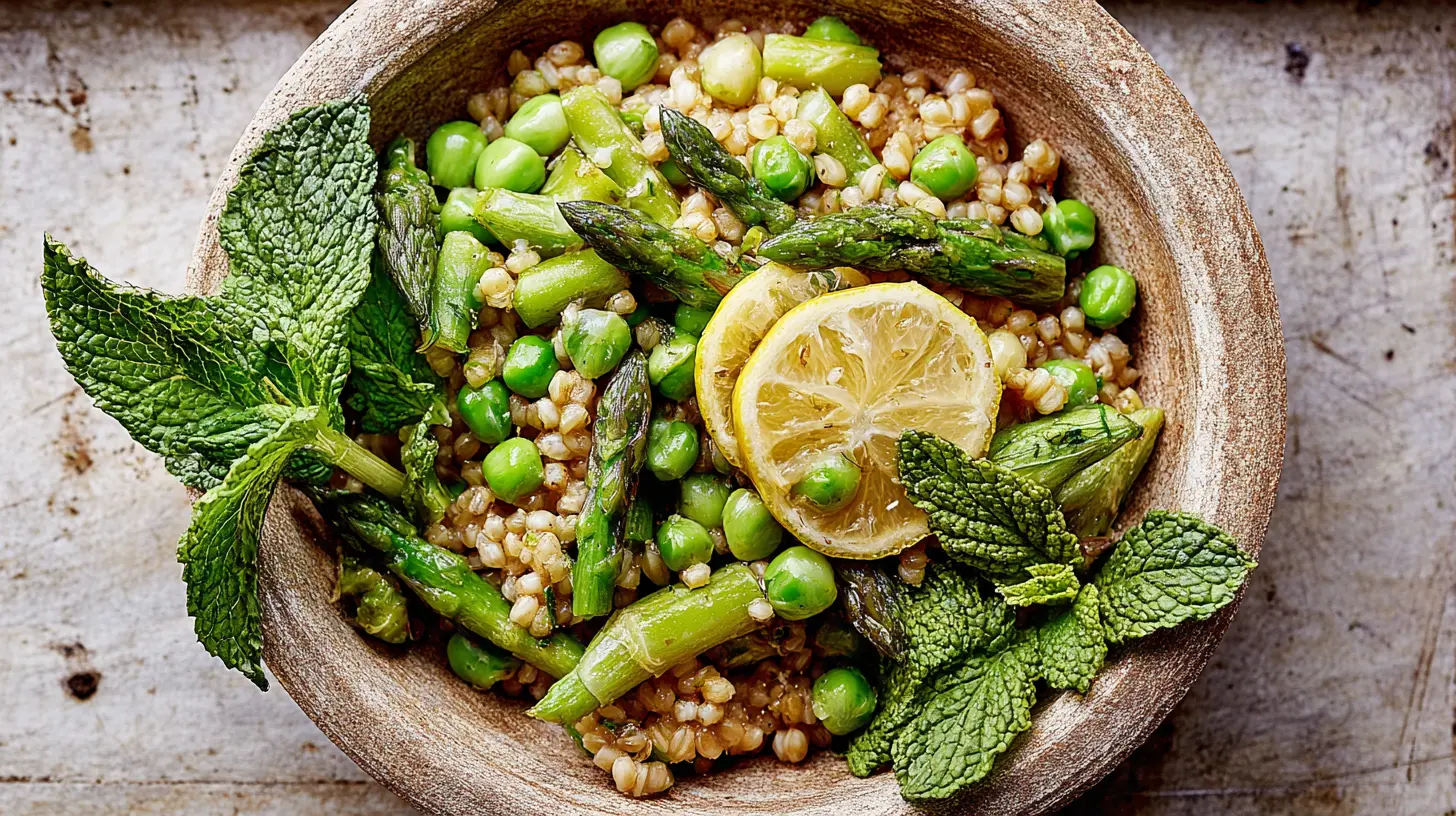 A colorful array of lemony spring vegetables, including asparagus and peas