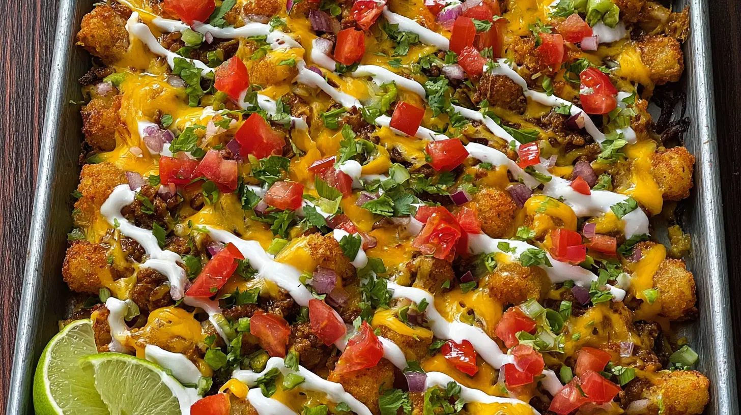 Tater Tot Nachos: 9 Reasons to Love Them 1 Close-up of golden tater tot nachos featuring melted cheese, jalapeños, and sour cream