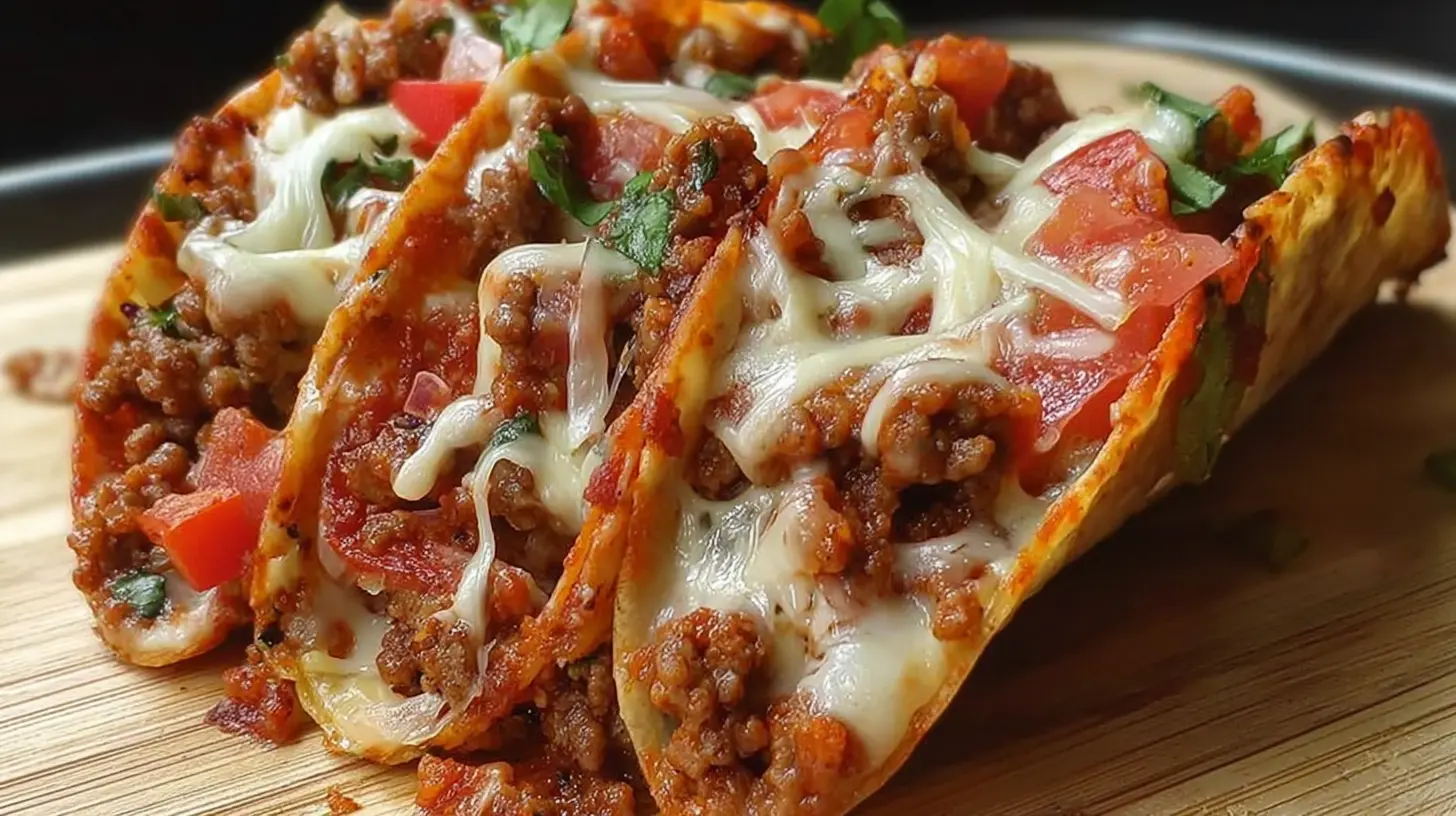 A serving of delicious meat lovers pizza tacos, showcasing various meats and cheese