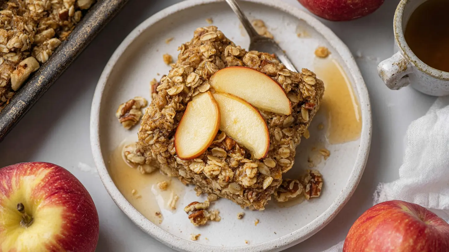A steaming dish of oatmeal apple breakfast bake, fresh from the oven, ready to serve.