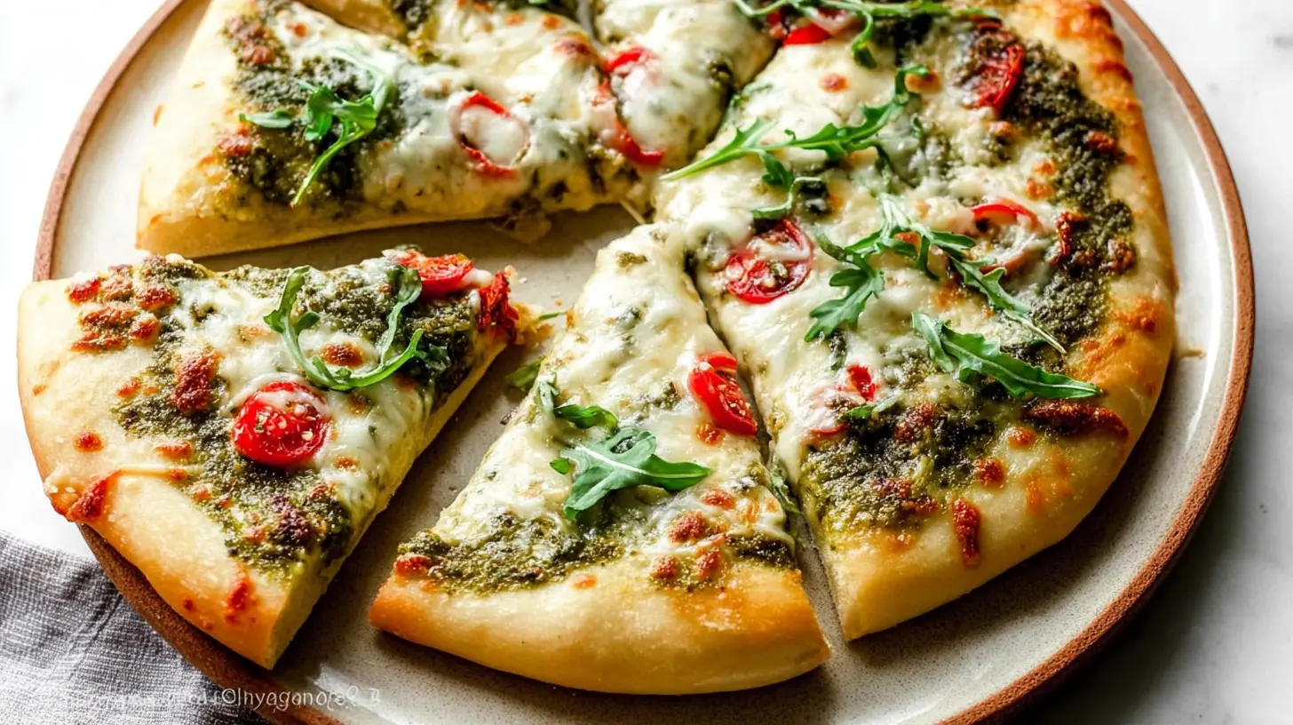 Pesto Pizza: Our Top 10 Recipes 2 A freshly baked pesto pizza with vibrant green sauce and melted cheese.