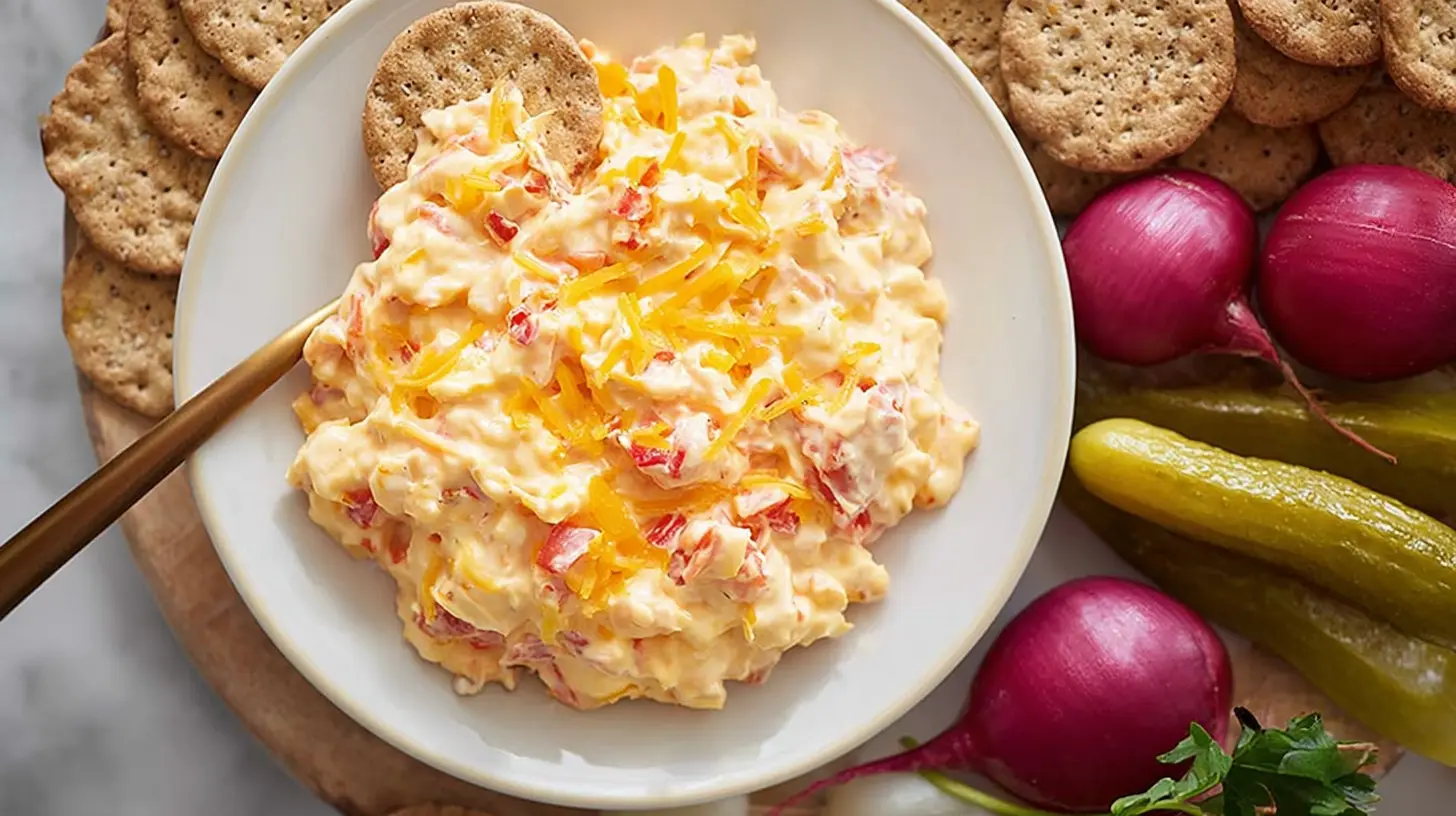 Pimento Cheese Spread: 10 Best Dips 2 A bowl of rich, creamy pimento cheese spread, garnished with fresh chives.