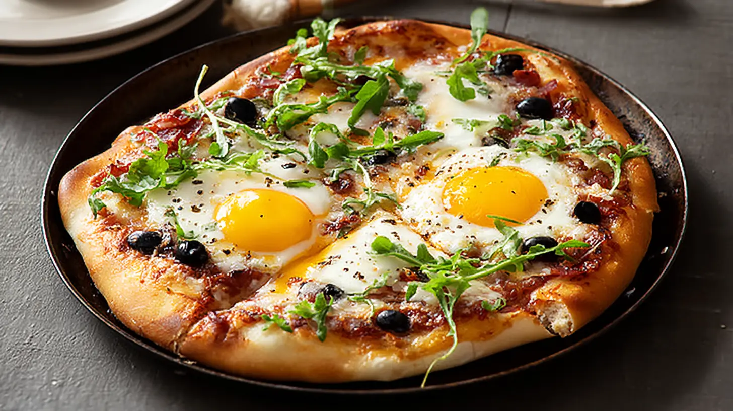 A close-up of delicious pizza eggs, with melted cheese and herbs.