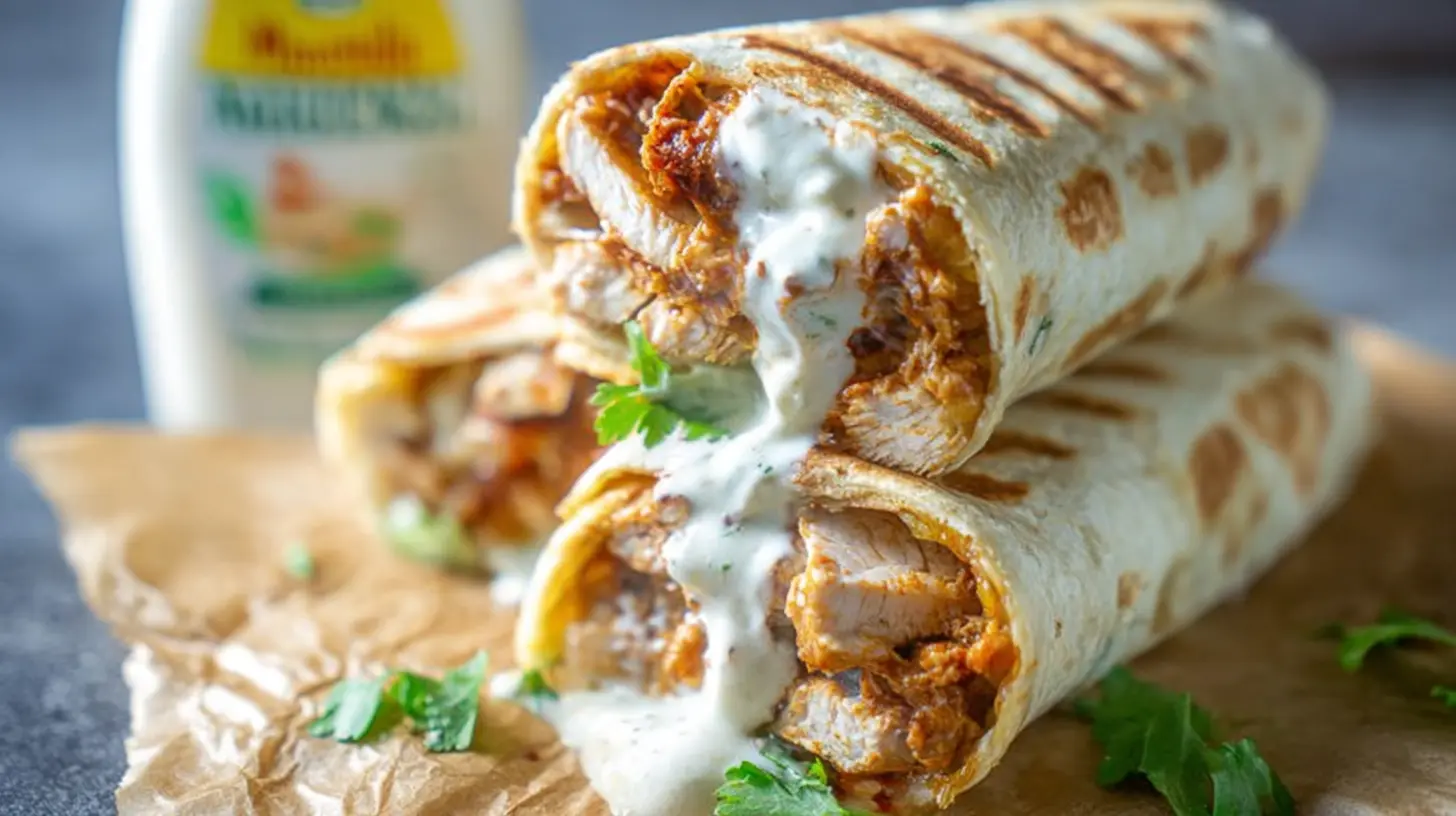 A close-up of a quick cheesy chicken wrap, showing melted cheese and tender chicken.