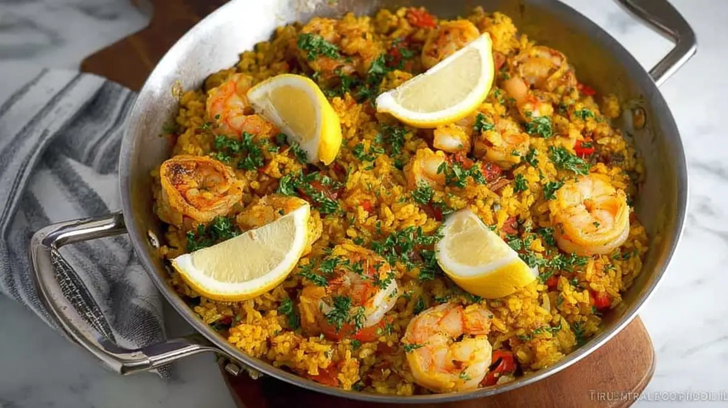 A serving of savory seafood rice with a mix of shrimp, mussels, and vegetables.