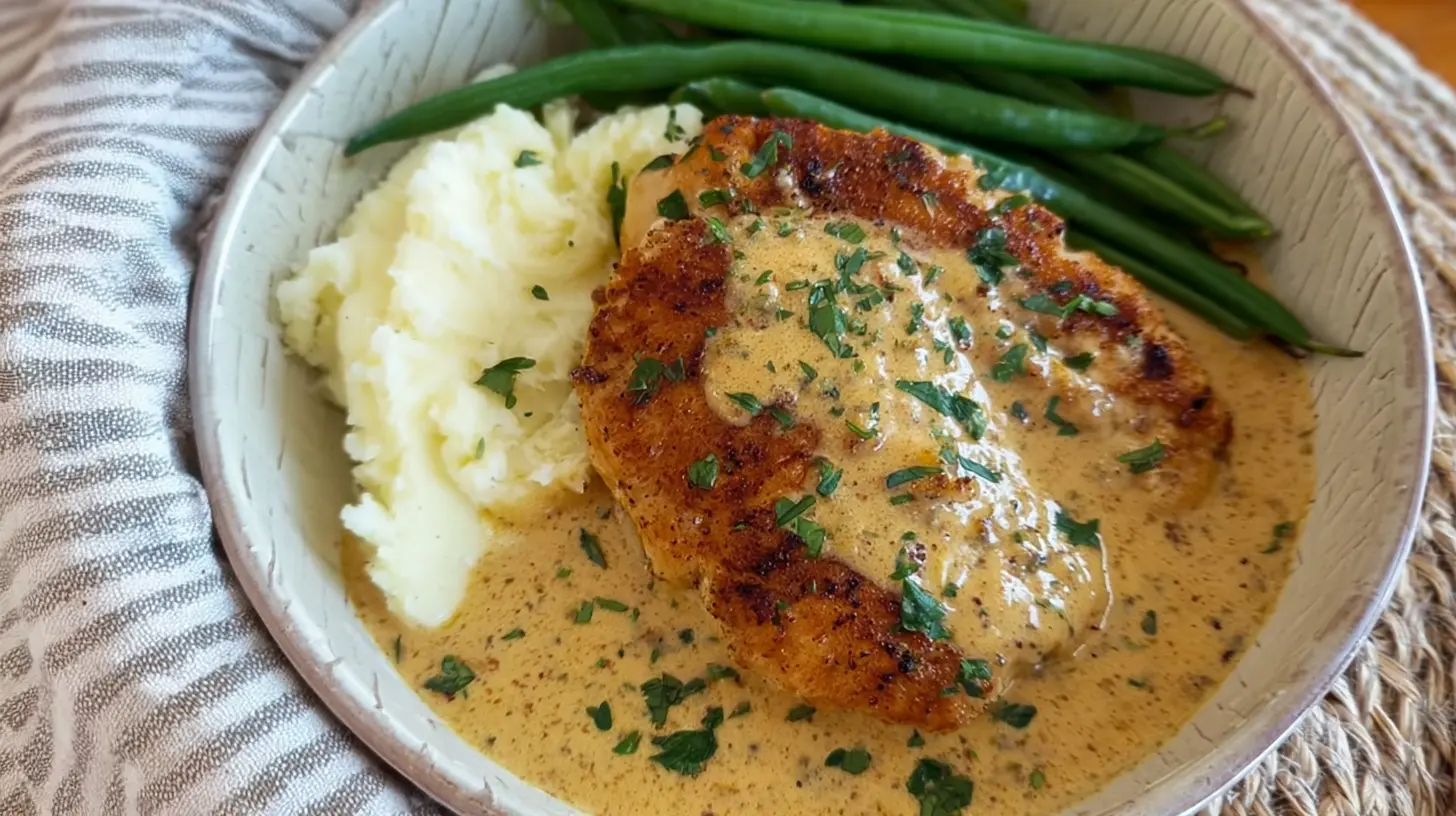 An overhead shot of a simple dinner with chicken and vegetables on a plate