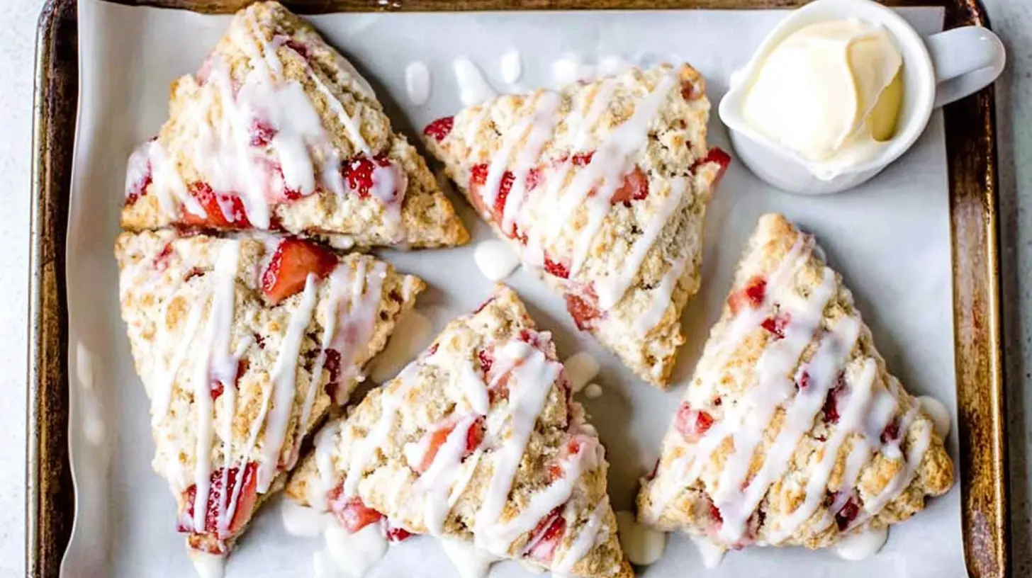 A basket of freshly baked strawberry scones on a wooden table.