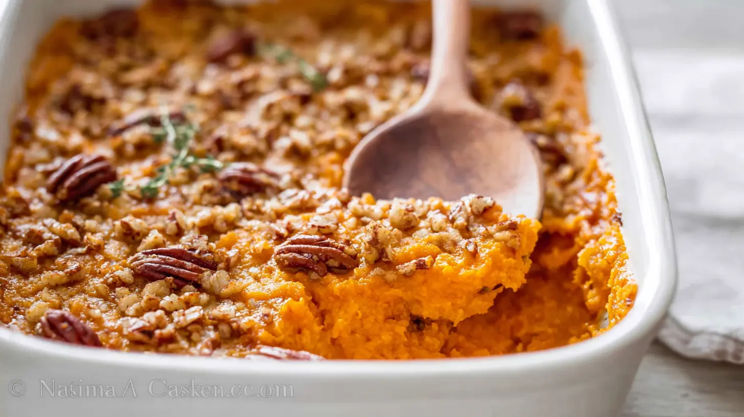 A freshly baked sweet potato casserole topped with toasted marshmallows.