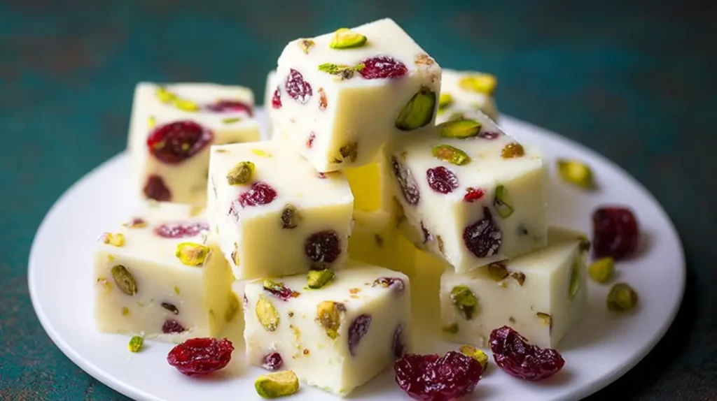 Handmade white chocolate fudge with cranberries