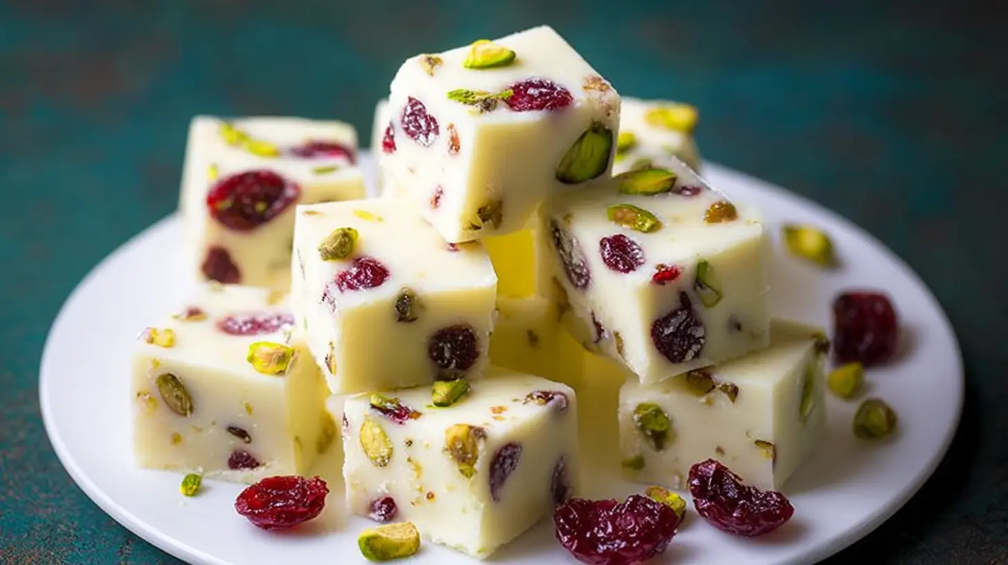 Handmade white chocolate fudge with cranberries