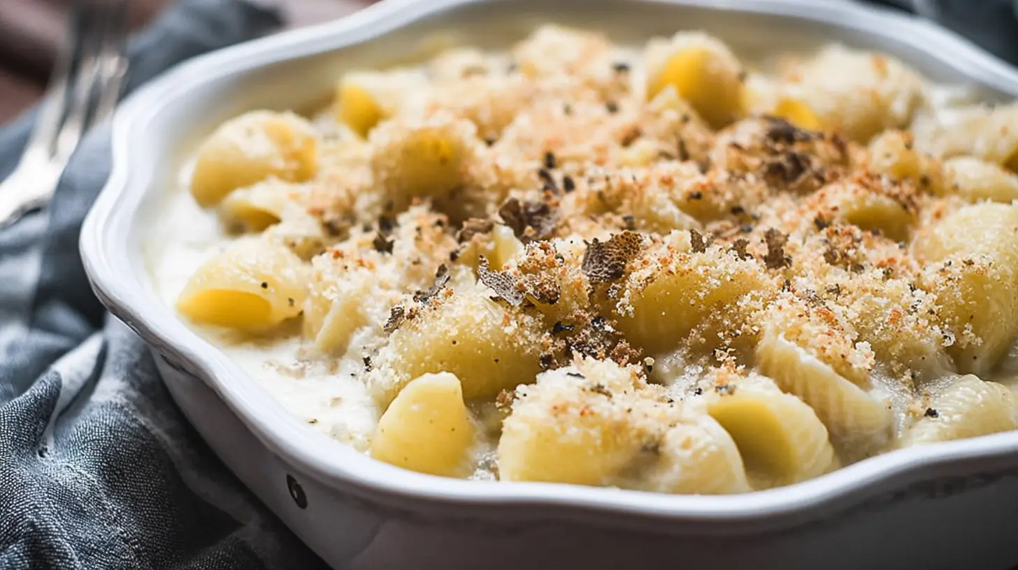 Truffle Mac and Cheese: How 2 Ingredients Change It 2 A serving of rich, creamy truffle mac and cheese garnished with fresh herbs.