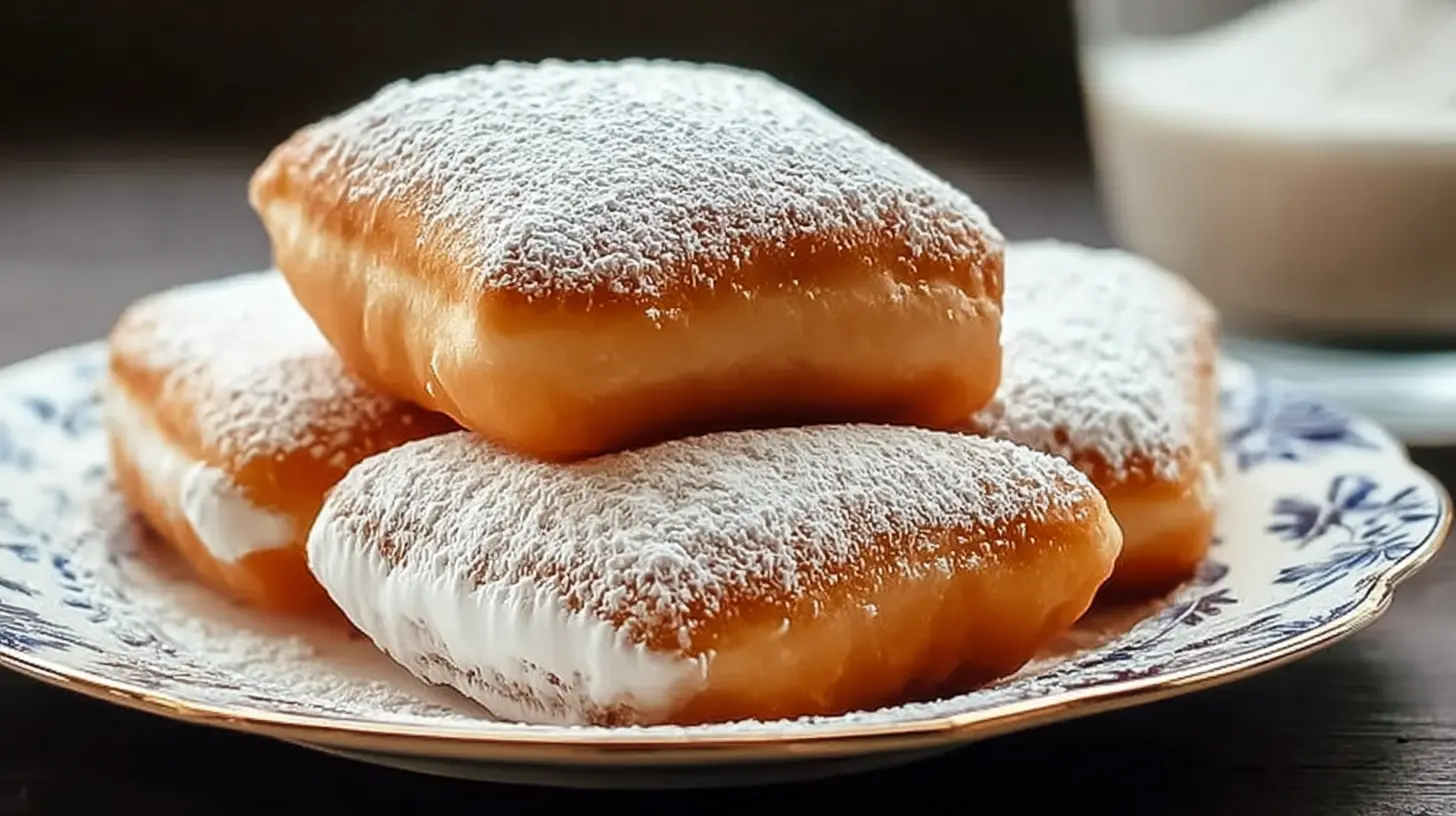 A plate piled high with fluffy vanilla French beignets dusted with powdered sugar