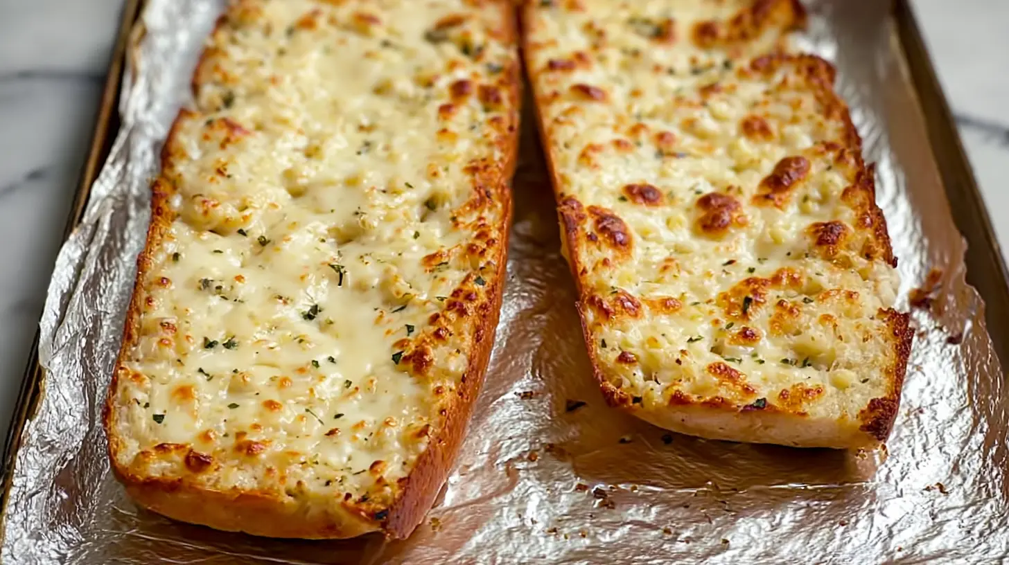 Cheesy Garlic Bread: 4 Easy Steps for a Crowd 1 Freshly baked cheesy garlic bread, hot and bubbling, topped with parsley
