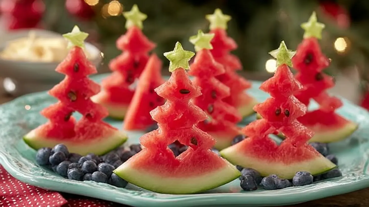 Watermelon Christmas Tree: Where to Find 1 Now 2 A Christmas tree made from fresh watermelon slices and fruit.