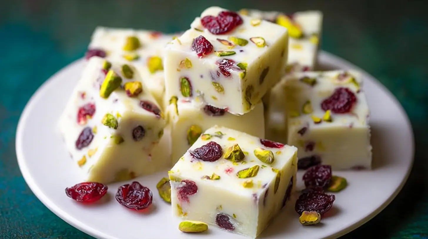 A block of delicious white chocolate cranberry fudge