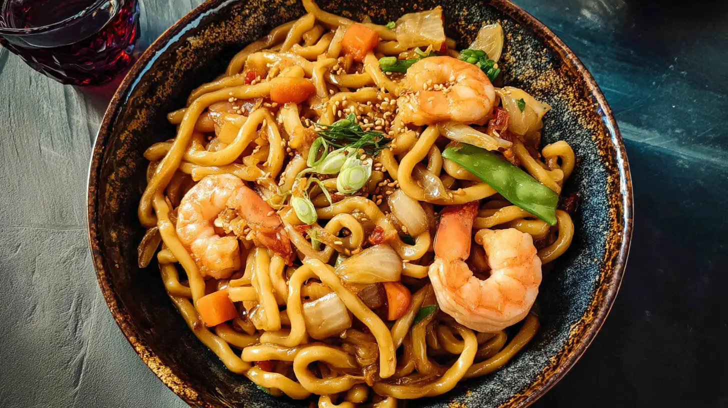A vibrant dish of Yaki Udon featuring perfectly cooked shrimp and fresh vegetables.