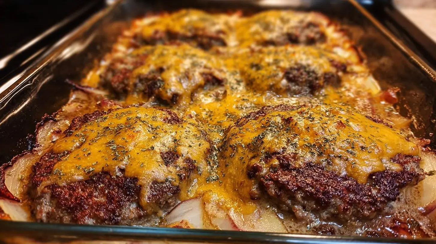 A baked dish of Amish hamburger steak with gravy
