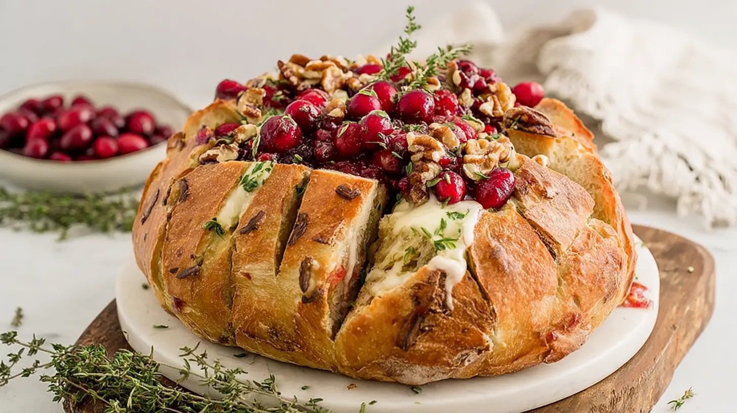 Cranberry Brie Sourdough Bread: 3 Best Pairings 1 A freshly baked artisan cranberry brie sourdough bread, sliced to show the filling.