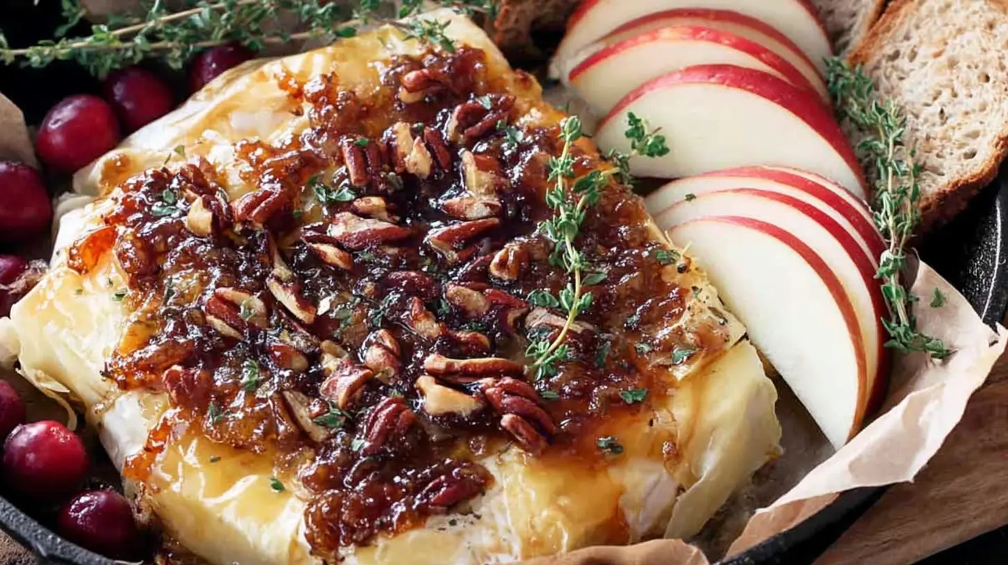 Baked Brie with Fig Jam: Your 1st Party Appetizer 2 A round of baked brie cheese topped with sweet fig jam, ready to serve