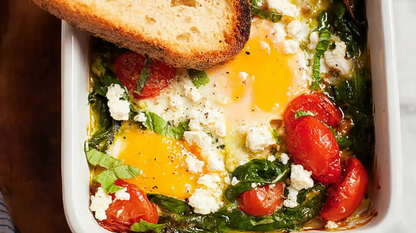 Baked feta eggs with vibrant tomatoes and fresh spinach in a pan.