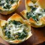 Baked wonton cups filled with spinach and artichoke dip