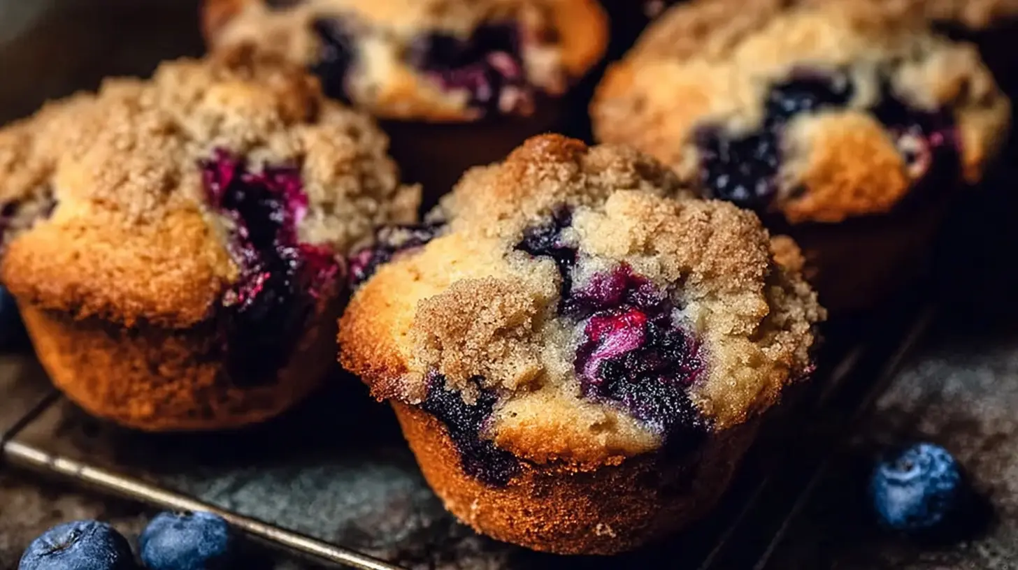 A close-up of a bakery style blueberry muffin with a golden-brown top