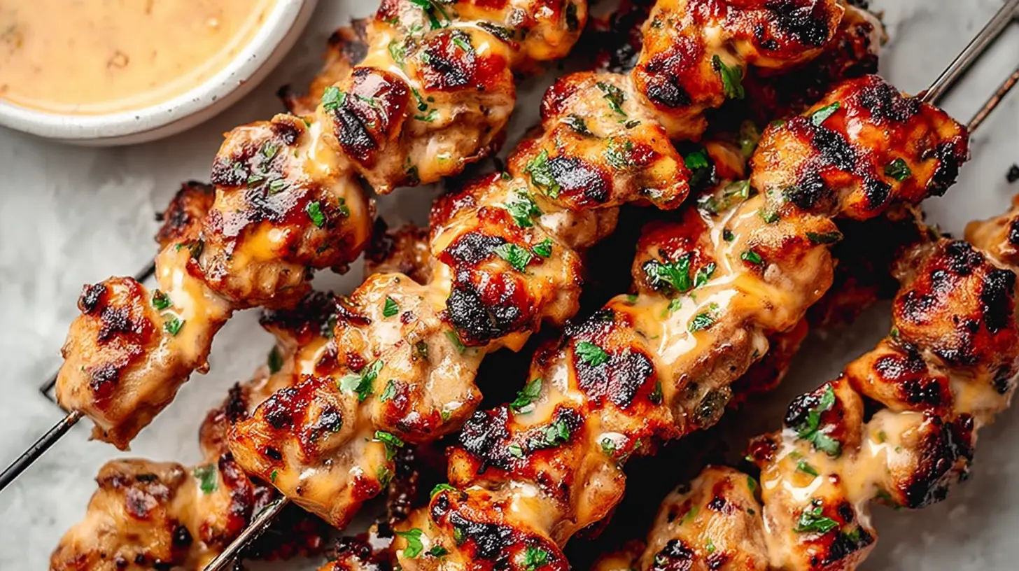 Delicious Bang Bang Chicken Skewers with peanut sauce.