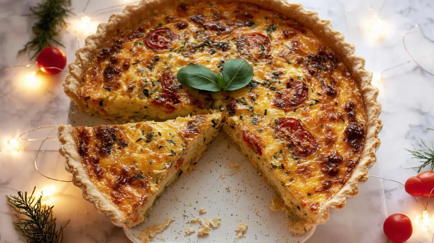 A savory Best Christmas Quiche with a golden-brown crust, filled with festive ingredients.