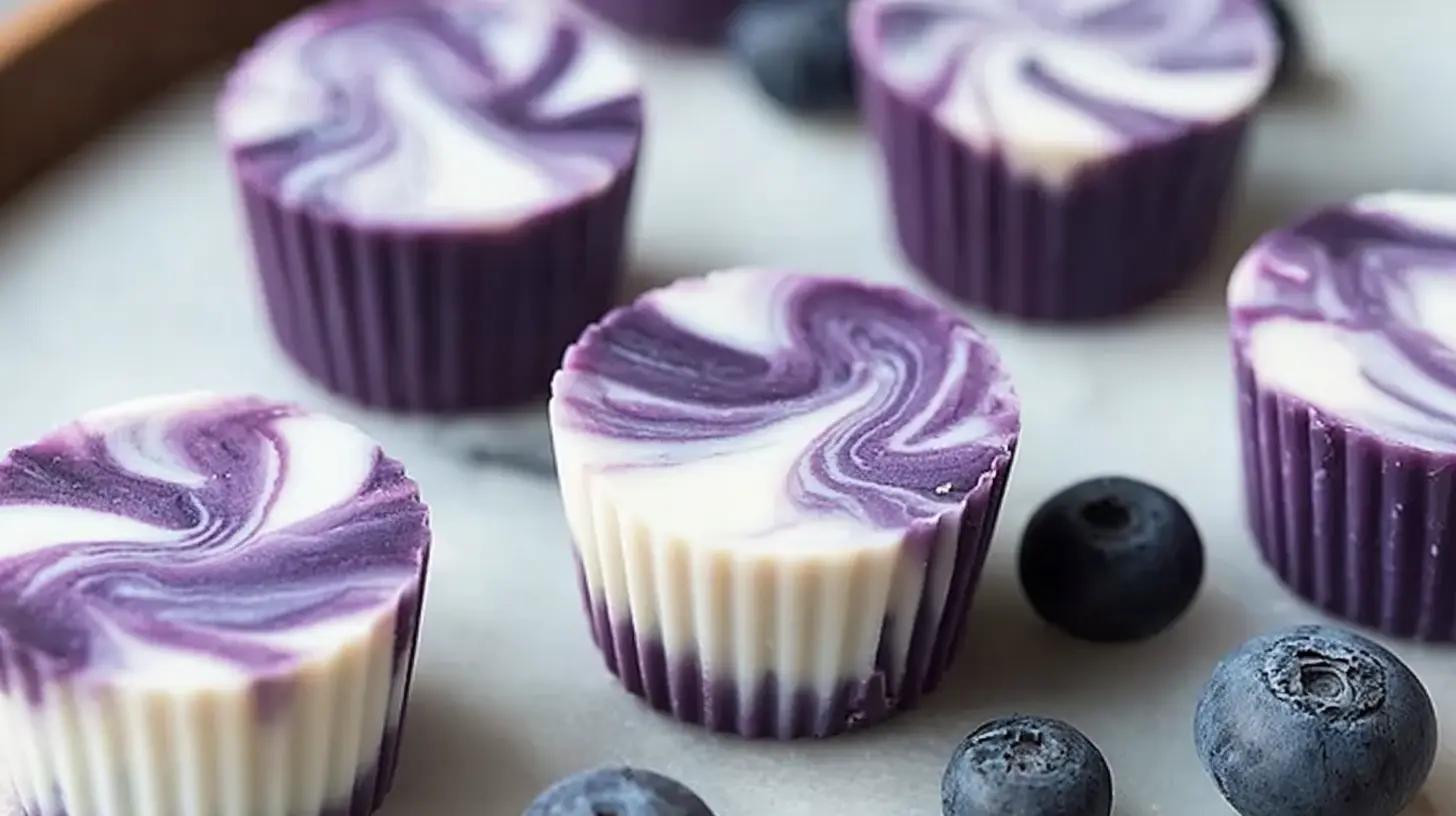 Close-up of frozen blueberry swirl yogurt bites arranged on a white plate