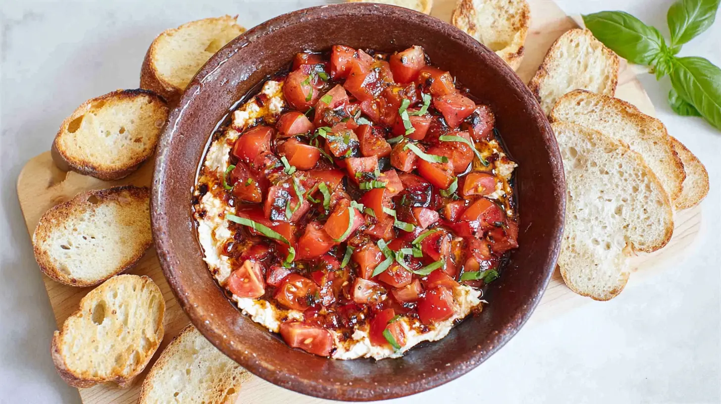 A vibrant bruschetta dip in a ceramic bowl, garnished with fresh herbs