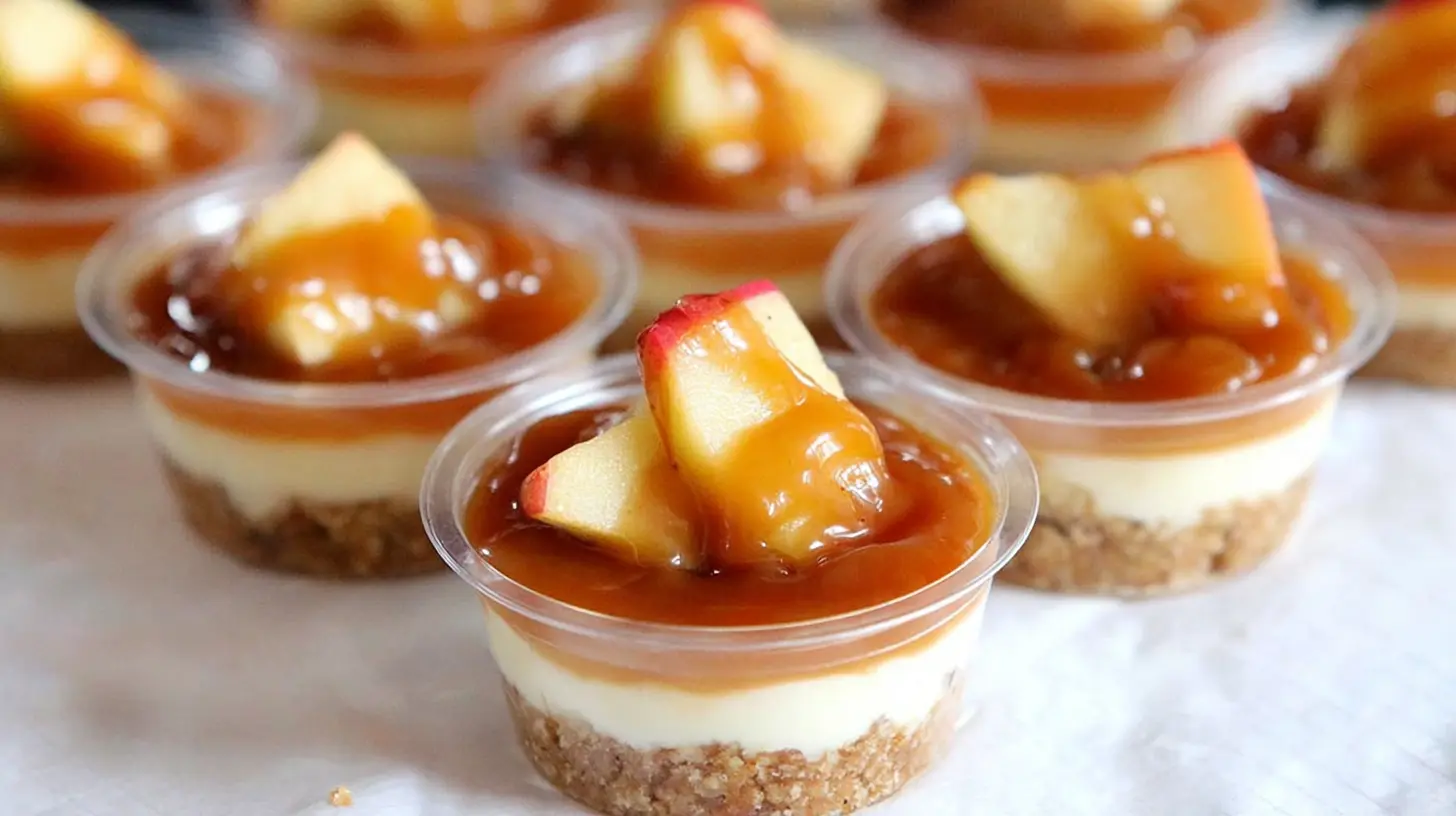 A close-up of a delicious caramel apple dessert cup, garnished with a sprinkle of cinnamon.