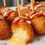 A plate of delicious Easy Korean Corn Dogs showcasing their melty cheese filling.