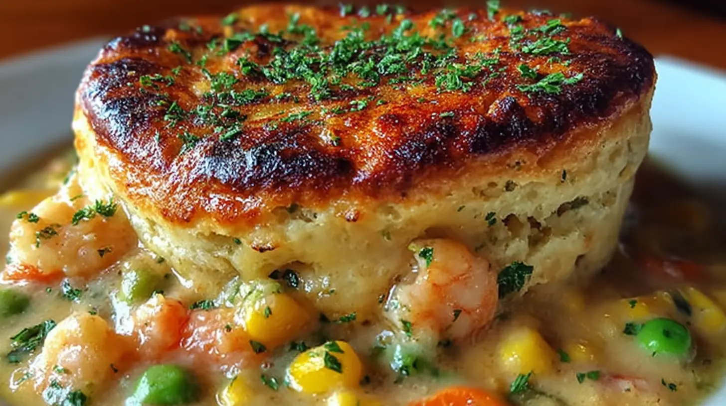 Close-up of a bubbling Shrimp & Lobster Cheddar Bay Biscuit Pot Pie, showing succulent shrimp and lobster.