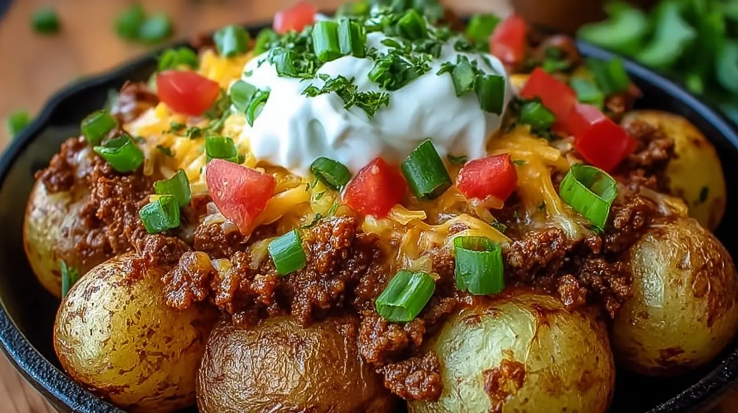 A serving of cheesy taco potatoes with melted cheese and fresh toppings.