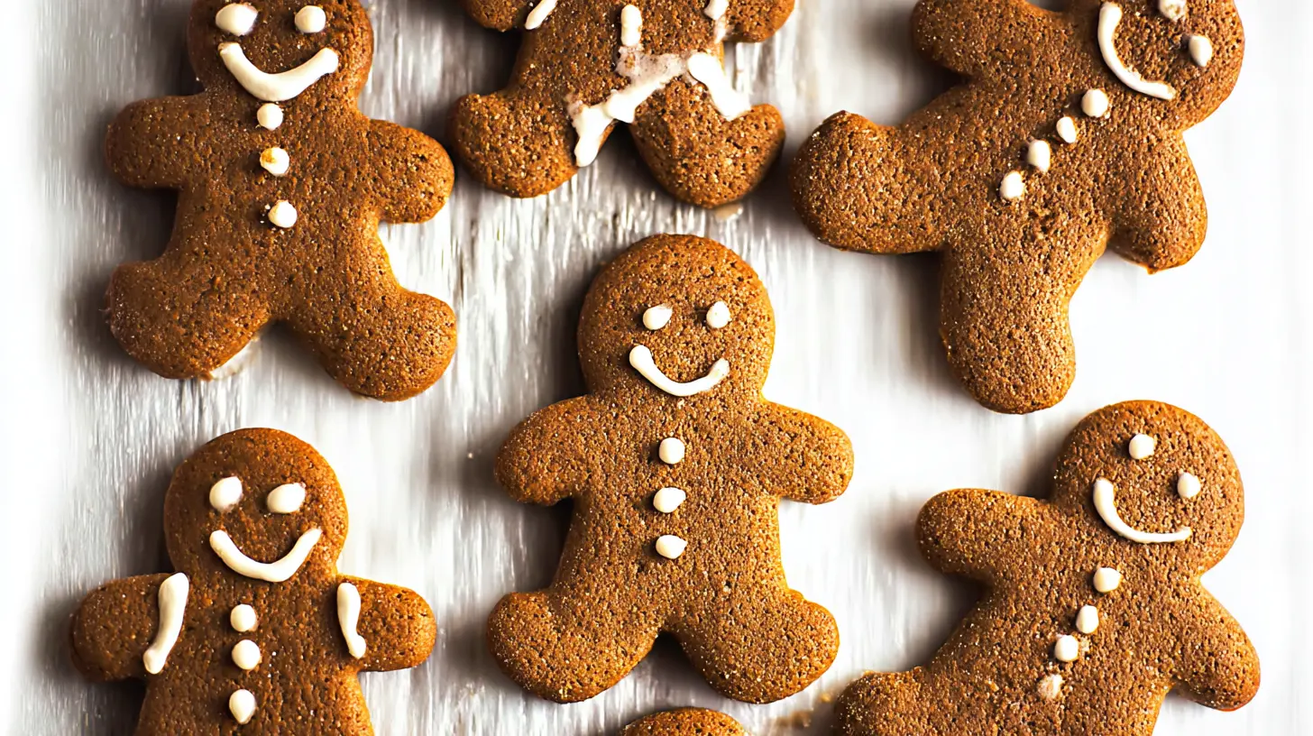 Chewy gingerbread man cookies: 8 festive dessert ideas 2 A plate of freshly baked chewy gingerbread man cookies, decorated with white icing smiles.