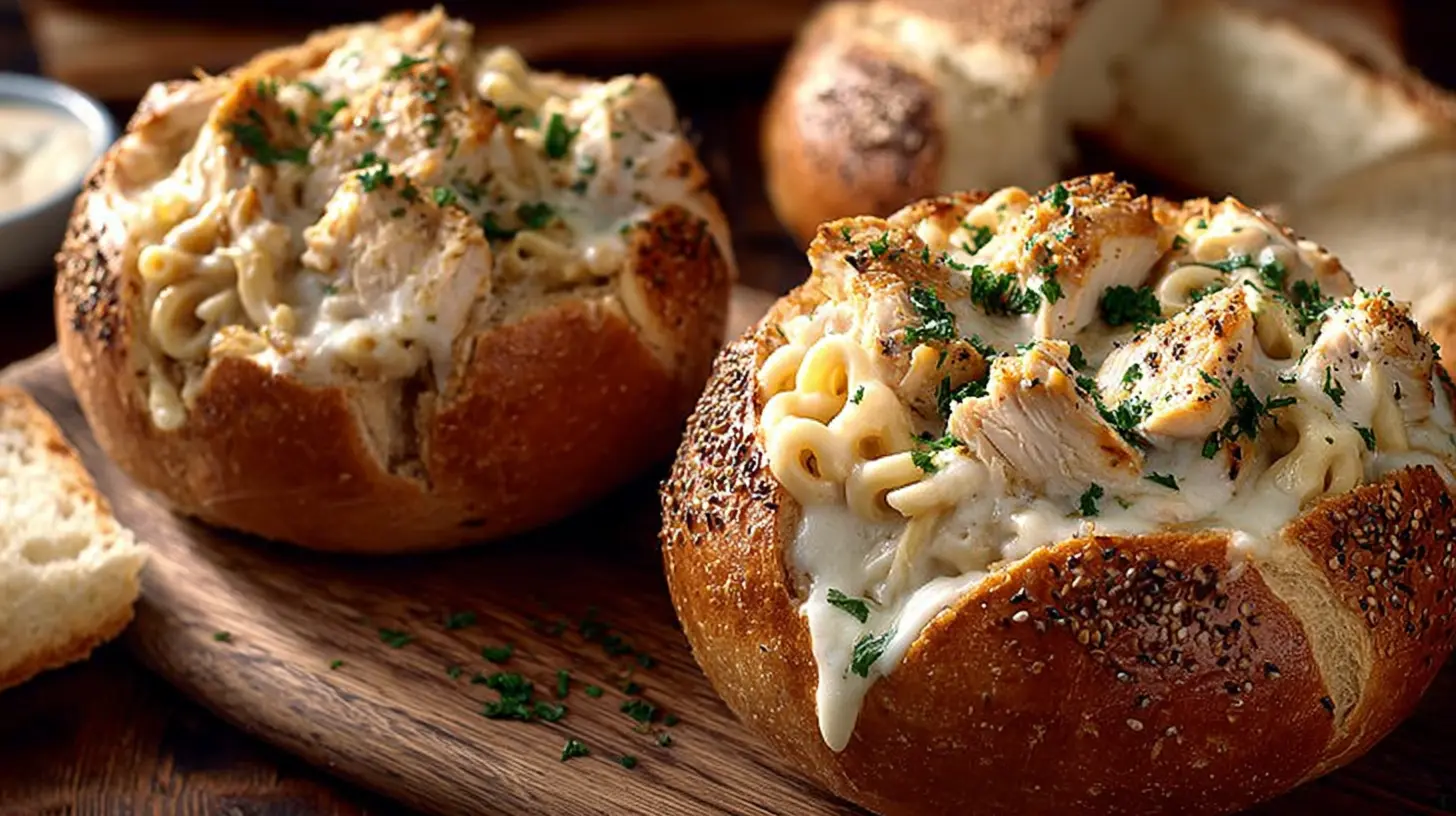 Delicious chicken alfredo served in garlic bread bowls