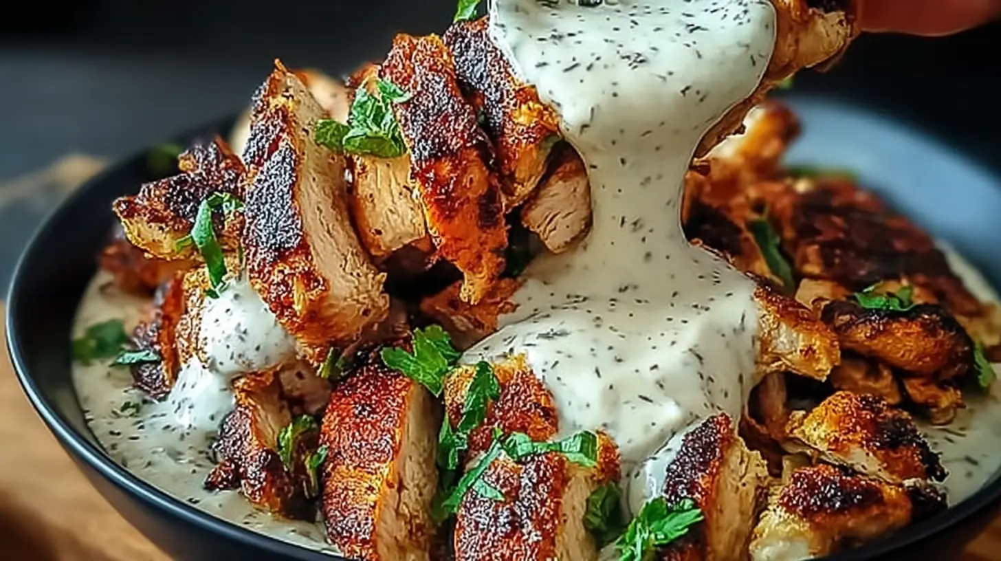 A close-up of delicious chicken shawarma drizzled with creamy garlic sauce.