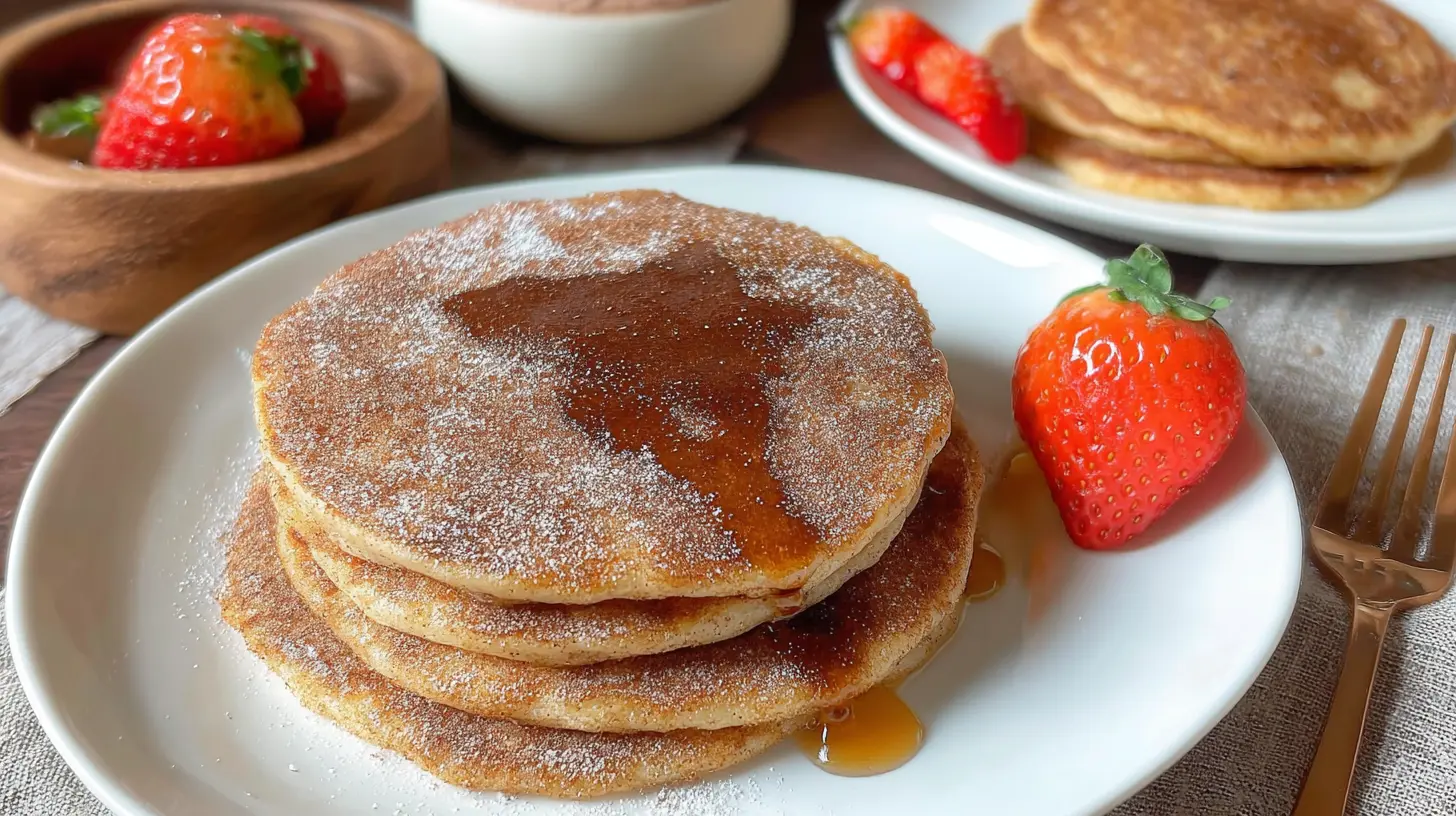 A stack of fluffy Spanish churro-inspired pancakes drizzled with chocolate sauce