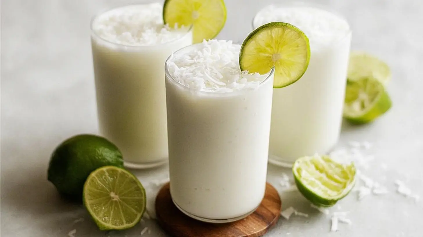A refreshing glass of Colombian coconut limeade served with ice and a lime wedge.