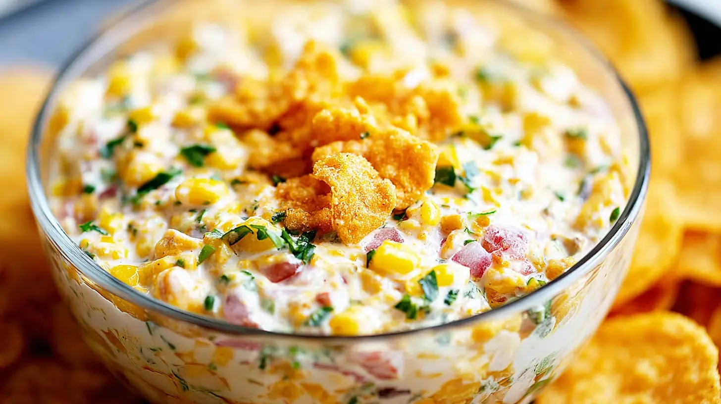 Creamy corn dip with fresh ingredients in a serving dish.