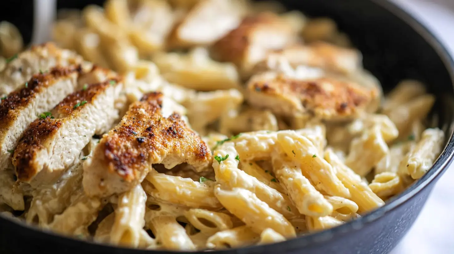 A serving of creamy garlic parmesan chicken pasta in a bowl.