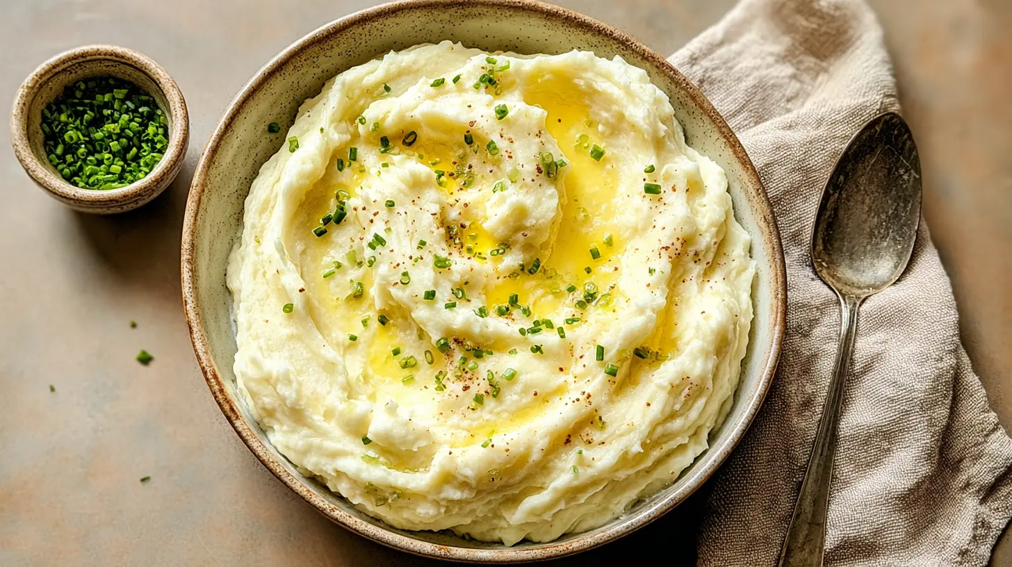 A bowl of perfectly smooth creamy mashed potatoes garnished with herbs