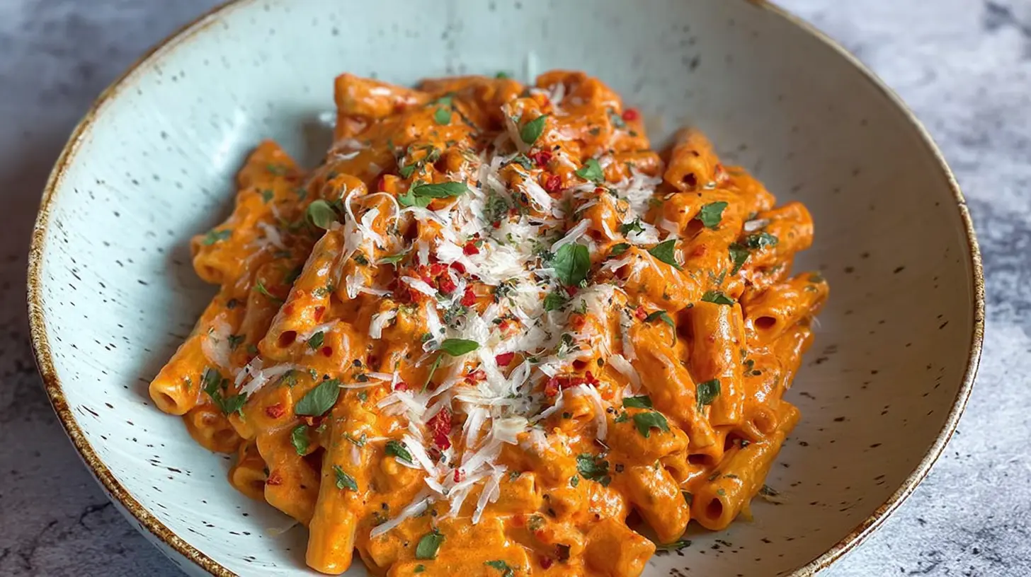 A serving of creamy tomato garlic pasta in a white bowl with fresh basil.