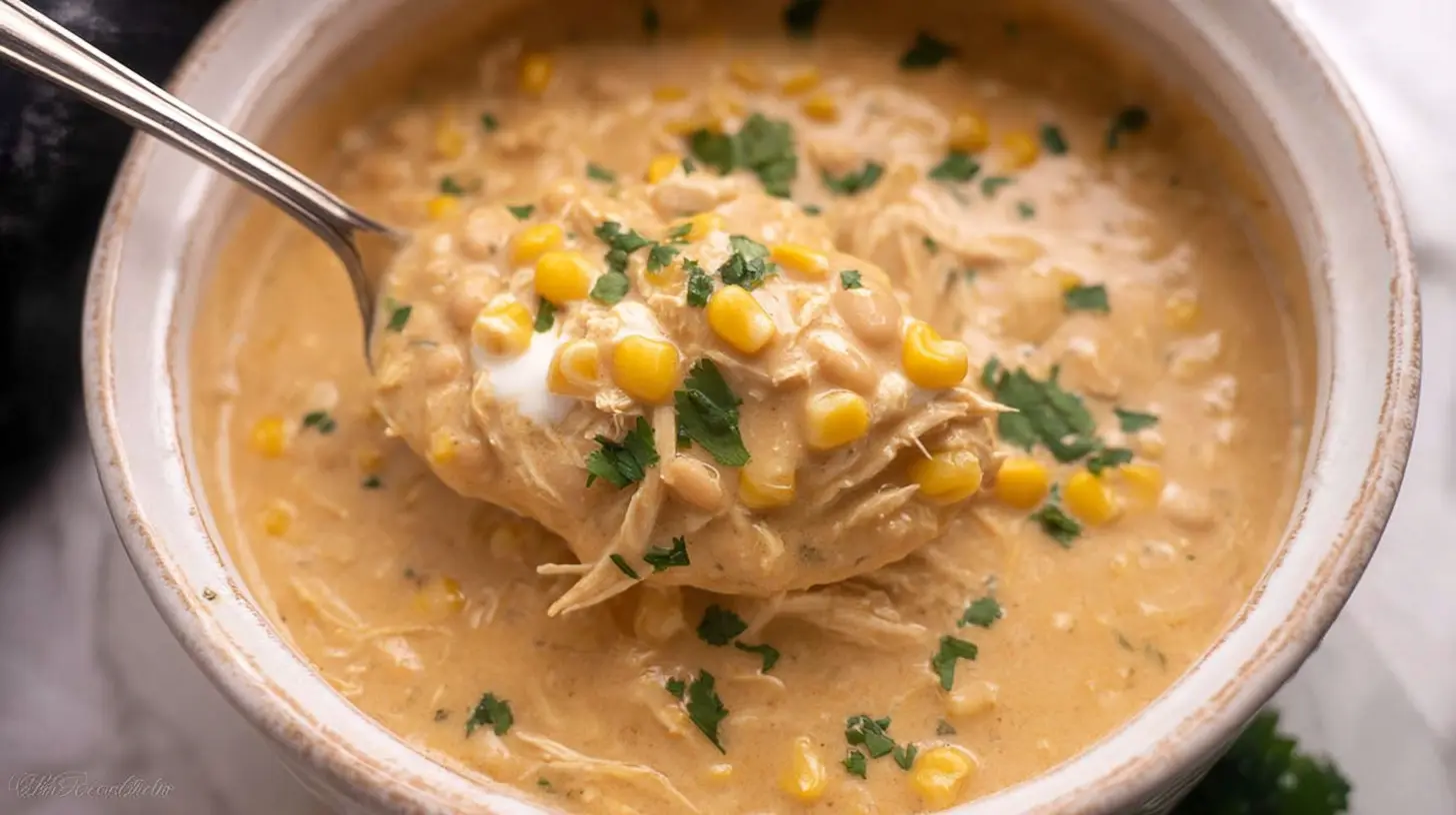 A steaming bowl of Crock Pot White Chicken Chili with toppings