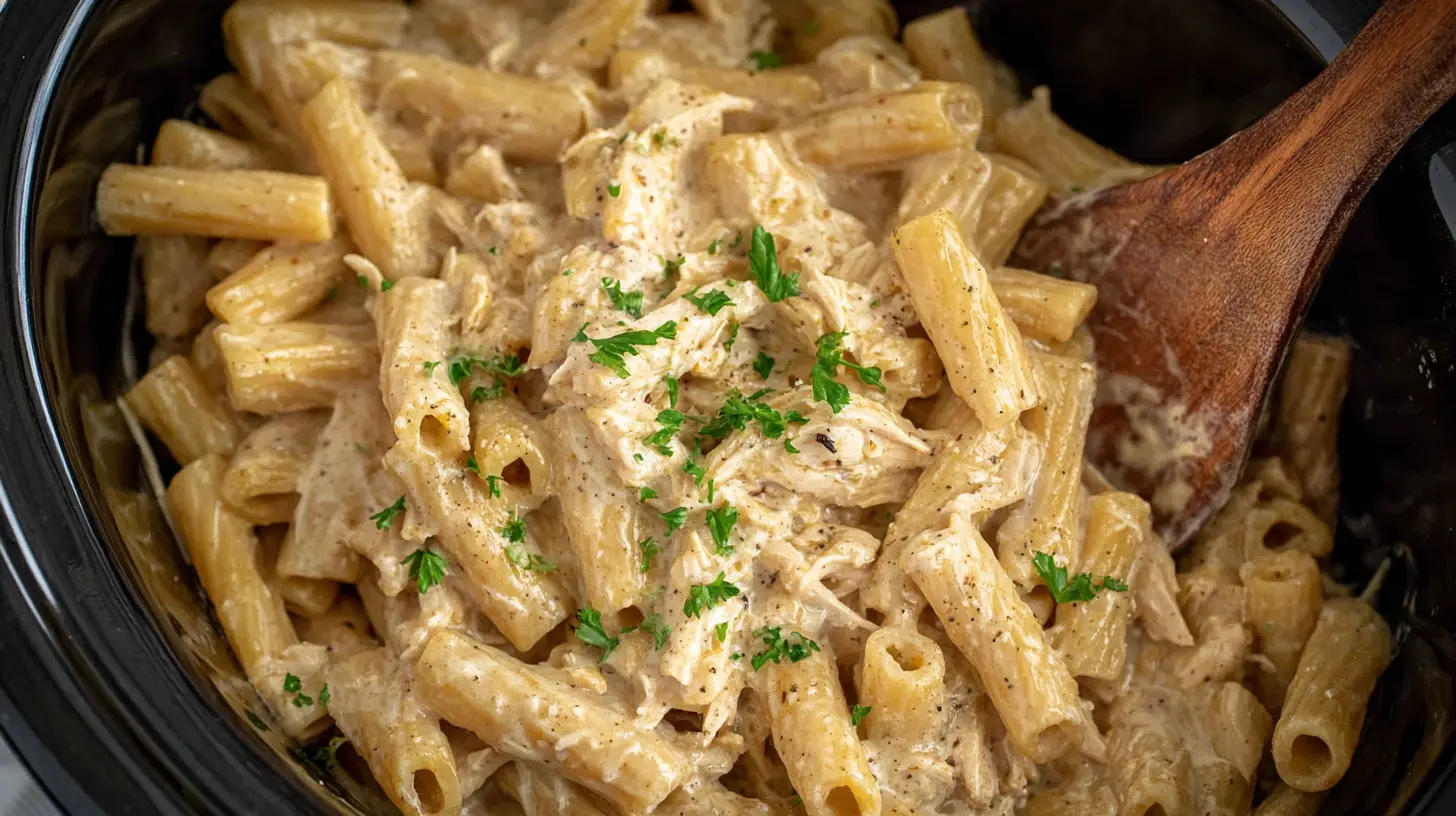 A creamy Crockpot Garlic Parmesan Chicken Pasta dish in a slow cooker, ready to serve.
