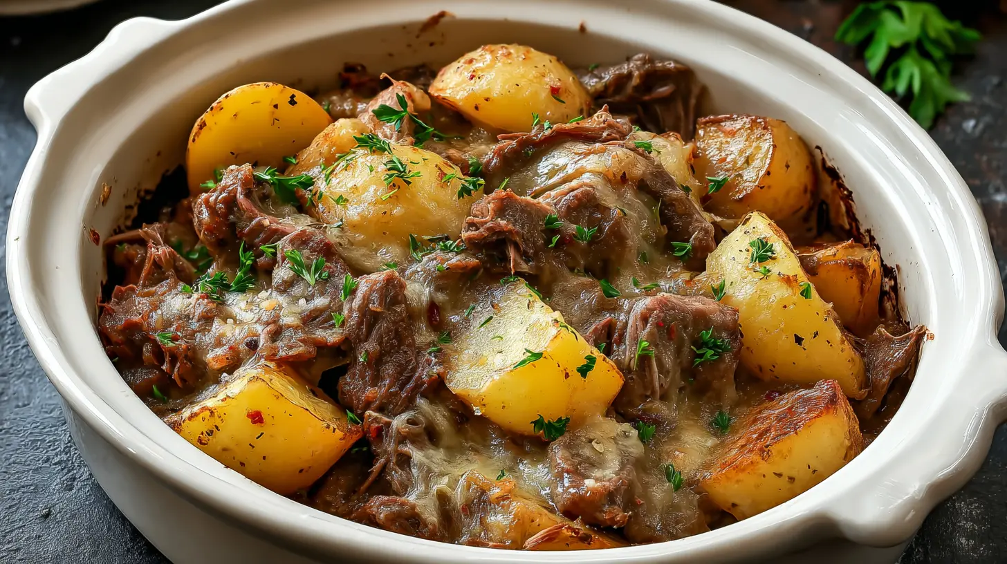 Crockpot Loaded Steak and Potato Bake: 5 Easy Steps 2 A crockpot loaded steak and potato bake, hot and ready to serve.