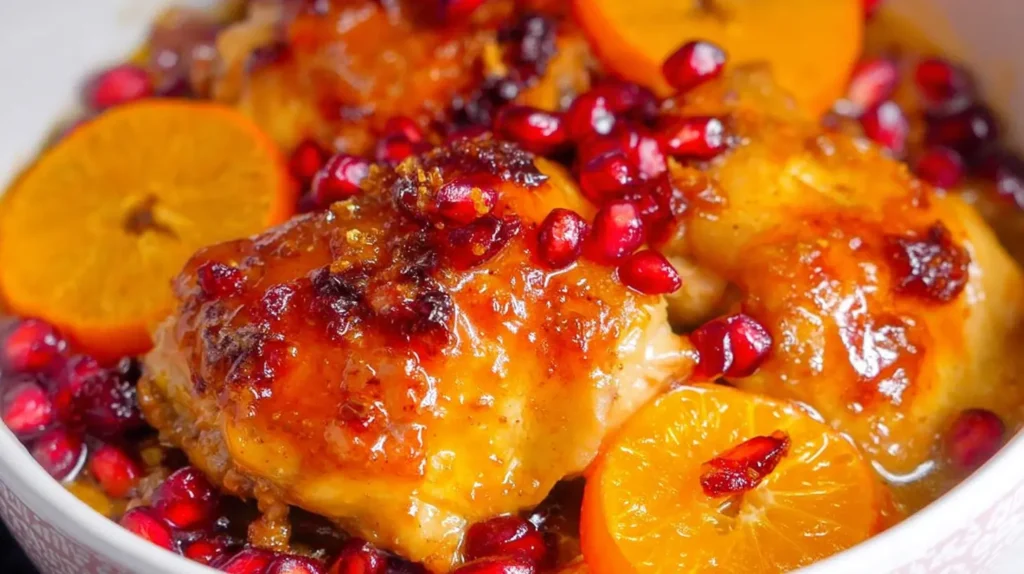 Delicious cranberry orange chicken, artfully presented on a serving dish.