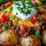 Close-up of cheesy taco potatoes, garnished with sour cream and cilantro.
